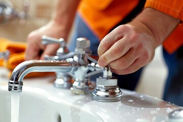 A Plumbers Hand Adjusting a Bathroom Faucet With Water Running