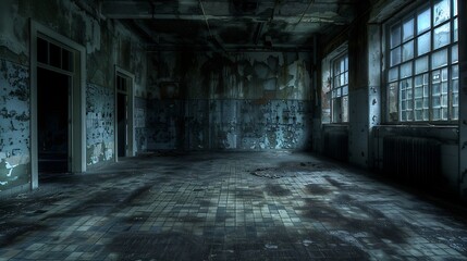 Obraz premium Abandoned Room with Barred Window, Crumbling Walls, and a Broken Chair, A Haunting Reminder of the Past