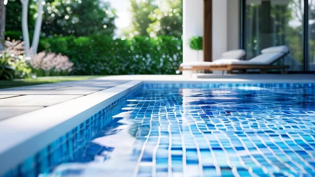 Beautiful swimming pool with blue and white mosaic tiles