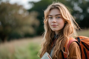 Naklejka premium Studious Young Woman with Books Enjoying Outdoor Learning Experience
