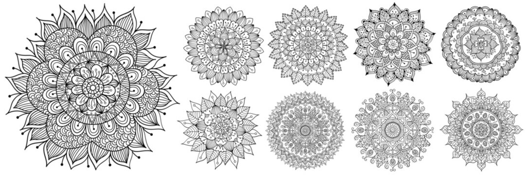 Hand drawn doodle mandalas bundle. Floral and abstract mandalas big collection for coloring book. Circle ornaments set vector illustration