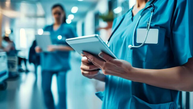 Close up of a female doctor or nurse using a digital tablet in a hospital