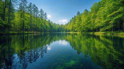 Obraz premium Serene forest lake with lush green trees and clear blue sky, daylight panoramic view. Nature and tranquility concept