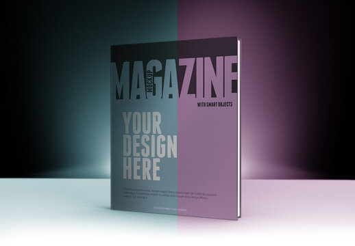 Hard Cover Magazine Template Standing on a Desk in a Dark Color Environment