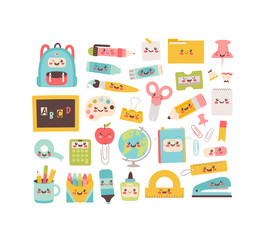 School supplies cartoon characters. Back to school clipart collection. Vector illustration