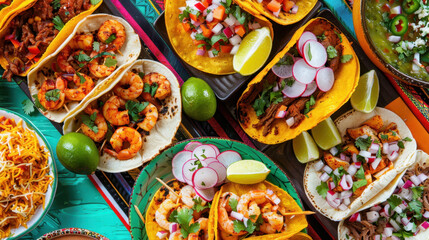 Fototapeta premium Assorted Mexican Tacos with Shrimp, Meat, Vegetables, Lime, and Cheese on Colorful Table Setting