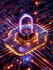 Futuristic digital padlock on a glowing circuit board, representing cybersecurity and data protection in technology.