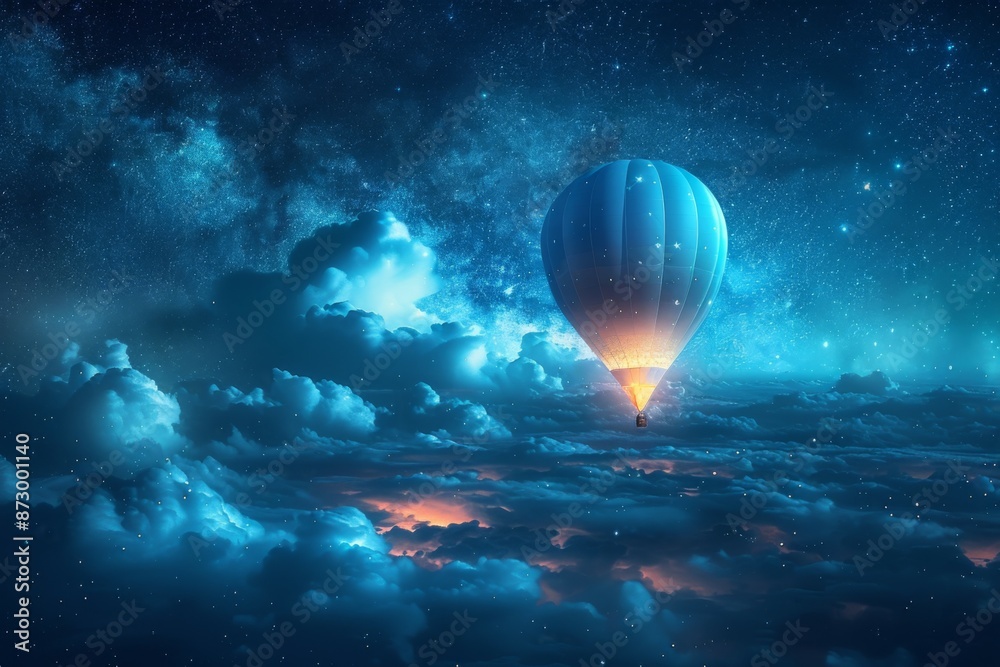 Sticker Hot Air Balloon Floating in Dreamy Night Sky