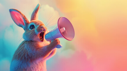 Rabbit with a megaphone against a colorful sky, vibrant communication concept