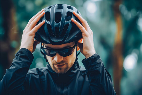 A man wearing a black cycling helmet adjusts his helmet with both hands. He is dressed in a black jacket and is outdoors with a blurred background of trees.