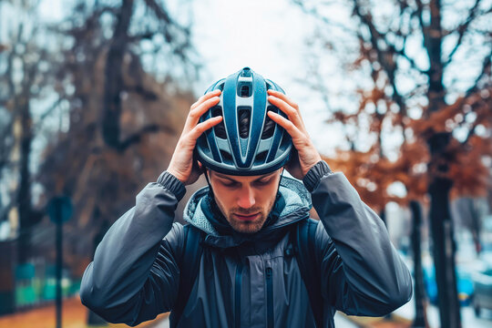 A man wearing a black cycling helmet adjusts his helmet with both hands. He is dressed in a black jacket and is outdoors with a blurred background of trees.