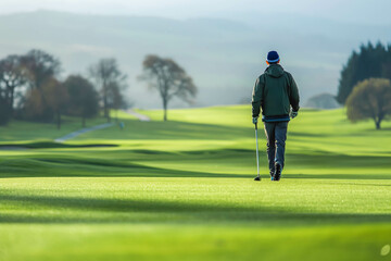 A golfer walking on a lush green golf course during a sunny day with trees and shadows in the background.