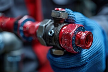 Closeup of Red and Silver Pipe Fitting Held by Blue Gloved Hand
