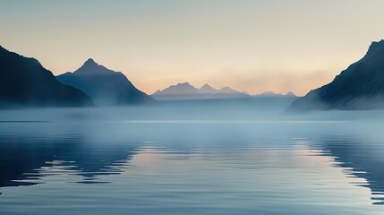 Obraz premium Serene Dawn Reflections: Tranquil Lake with Mist and Silhouetted Mountains