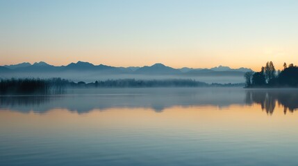 Obraz premium Serene Dawn: Misty Lake with Silhouetted Mountains