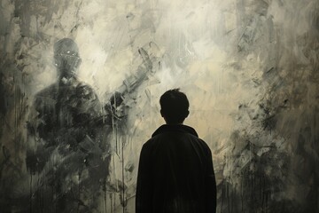 Man Facing Abstract Shadow on Wall