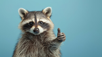 Fototapeta premium Raccoon giving a thumbs up with blue background, positive gesture concept