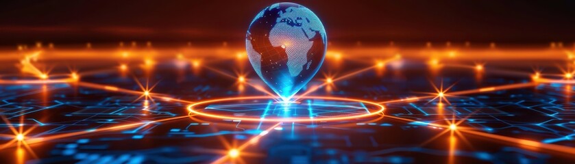 Obraz premium Global network concept with a glowing digital Earth and connecting lines, symbolizing worldwide communication and technology innovation.