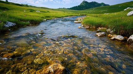 Serene Crystal-Clear Stream Flowing Through Lush Meadow