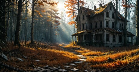 abandoned neighborhood house buildings in overgrown post apocalyptic suburban neighborhood in autumn fall. old town home ruins in housing suburbs surrounded by trees.