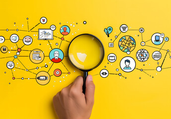 Inbound marketing strategy concept. Creating attraction for customer groups. magnifying glass focus to inbound marketing icon on yellow background design
