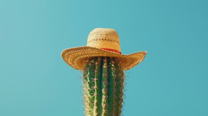 Cactus wearing a straw hat against clear blue sky, quirky and playful concept