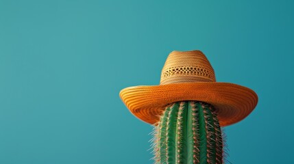 Cactus wearing a straw hat against blue background, summer and desert concept