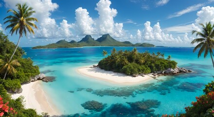 Obraz premium A serene tropical beach featuring palm trees and crystal clear blue water. AI generated 