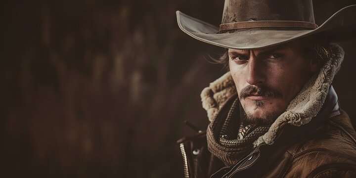 Intense cowboy stares ahead, hat shading eyes, jacket collar upt