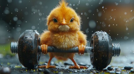 A small angry chick lifting a dumbbell in the rain, motivational concept