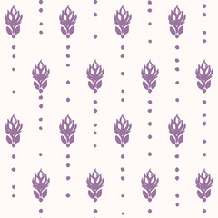 Vector illustration. Simple seamless floral purple pattern on a light beige background, pastel colors. Design fabric, textile, cover. Damask style
