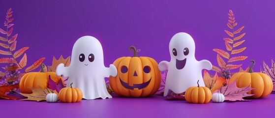 Naklejka premium Halloween decorations with a pumpkin and two ghosts