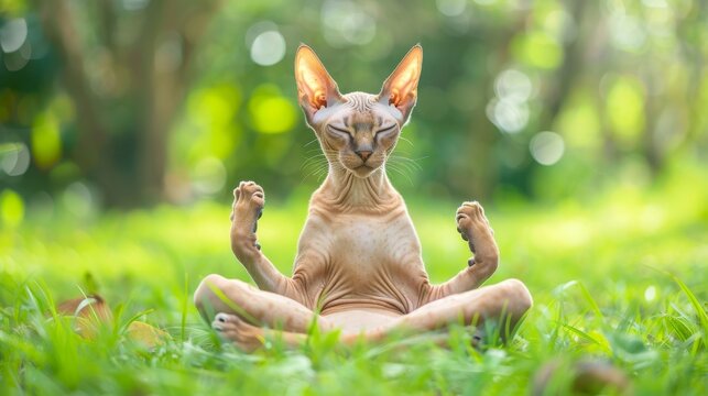 Sphynx cat meditating on grass in a garden, relaxation concept
