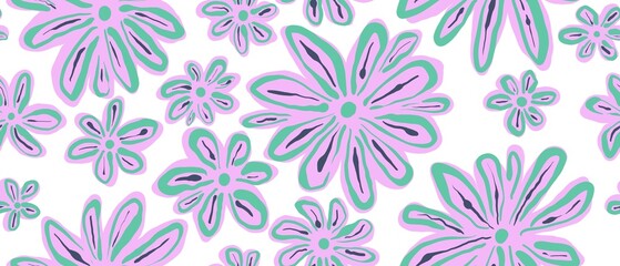 Seamless abstract botanical pattern. Simple background with violet, green, white texture. Digital brush strokes. Flowers. Design for textile fabrics, wrapping paper, background, wallpaper, cover.