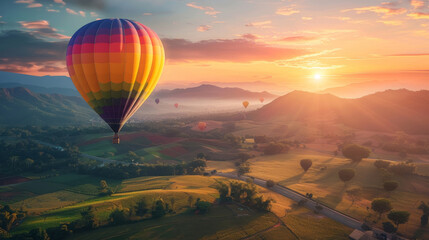 Fototapeta premium Hot air balloons floating over scenic countryside at sunrise