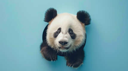 Fototapeta premium Cute panda peeking through a round hole in a blue wall, adorable animal portrait concept