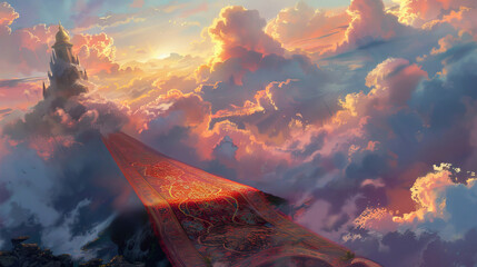 Fantasy castle among clouds with magical carpet, ethereal landscape. Fairytale adventure concept
