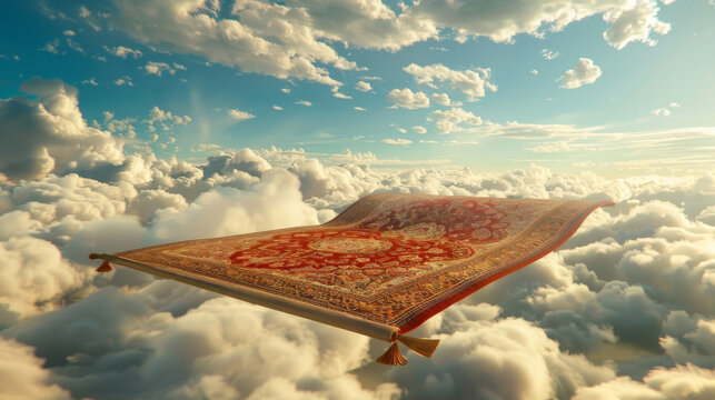 Flying magic carpet above the clouds, fantasy concept