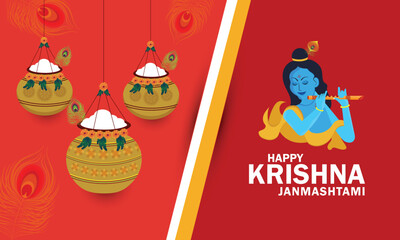 Happy Janmashtmi festival poster template design with Krishna flute, dahi handi and peacock feathers