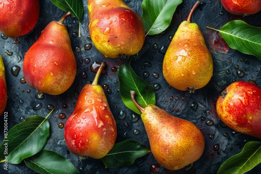 Poster Red Pears with Water Droplets on Dark Background