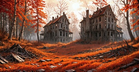abandoned overgrown suburban homes and houses in autumn. old post apocalyptic villa cul-de-sac suburb buildings with red orange forest trees in the fall.