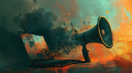 Laptop emitting smoke and megaphone on fiery background, digital art. Concept of internet communication and chaos.