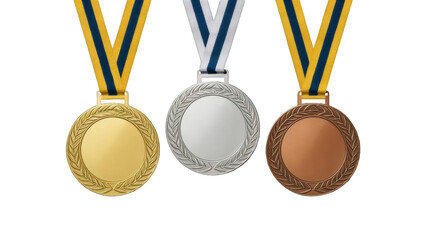 Sports medals. Golden silver bronze medal. Champion winner awards of honor.  Illustration of championship trophy, champion medal of set