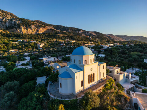 Aerial view of orthodox church in Zia village, Kos island, Greece. 