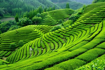 Lush green tea plantations on rolling hills with neatly trimmed rows of tea bushes.