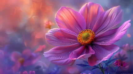 Obraz premium Close-up of a vibrant pink flower with dew drops, soft bokeh background. Nature and beauty concept