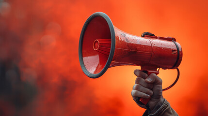 Hand holding a red megaphone against a fiery orange background, close-up shot. Protest and activism concept