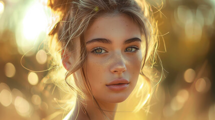 Fototapeta premium Portrait of a young woman in golden sunlight, bokeh background. Natural beauty and serene concept