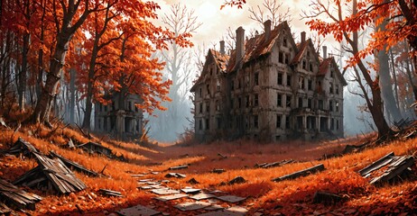 abandoned overgrown suburban homes and houses in autumn. old post apocalyptic villa cul-de-sac suburb buildings with red orange forest trees in the fall.