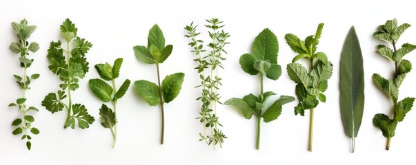 Fototapeta premium A variety of fresh herbs on white background, culinary and health concept